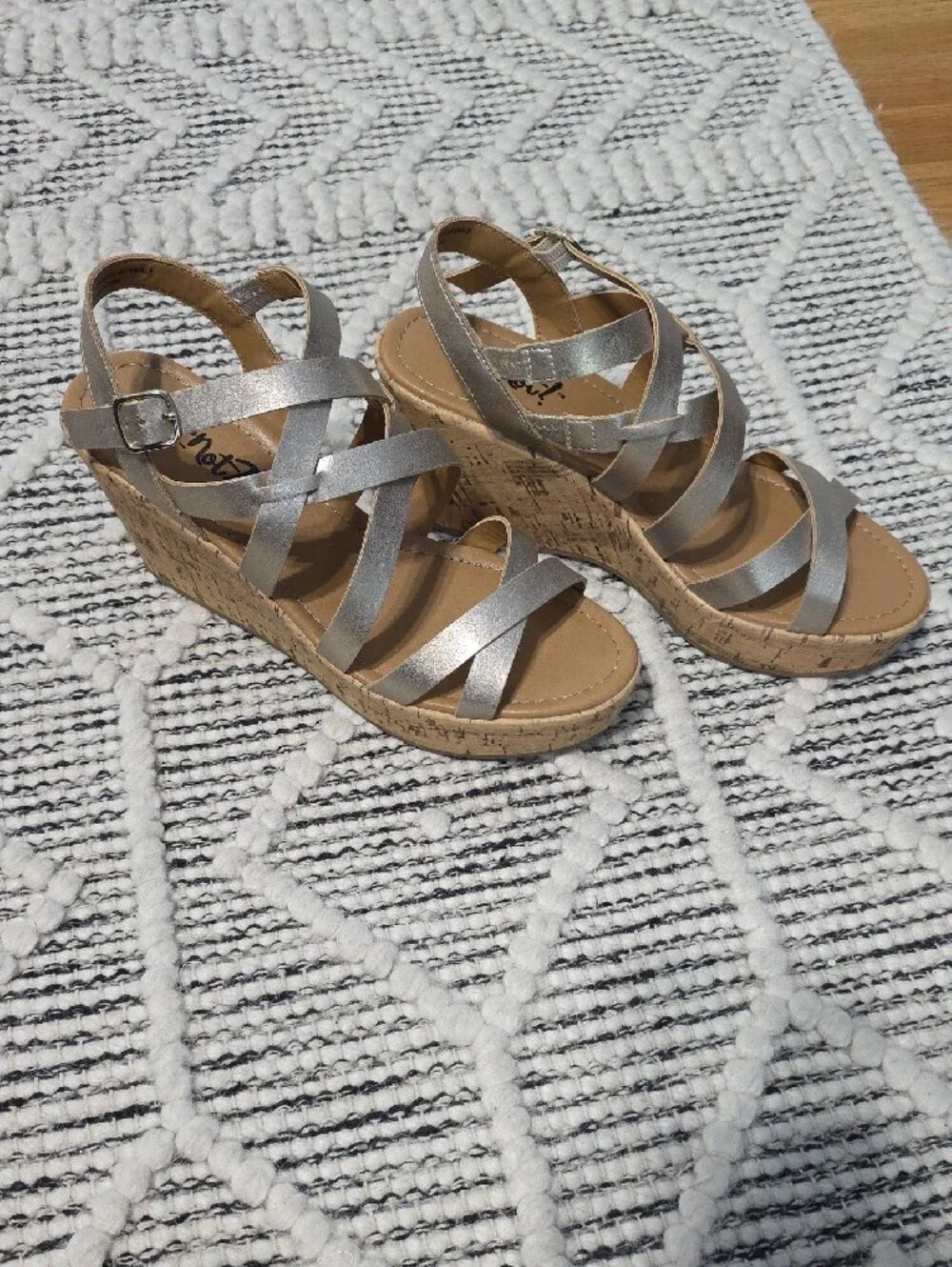 Metallic Silver Strappy Cork Wedge Sandals - Women
